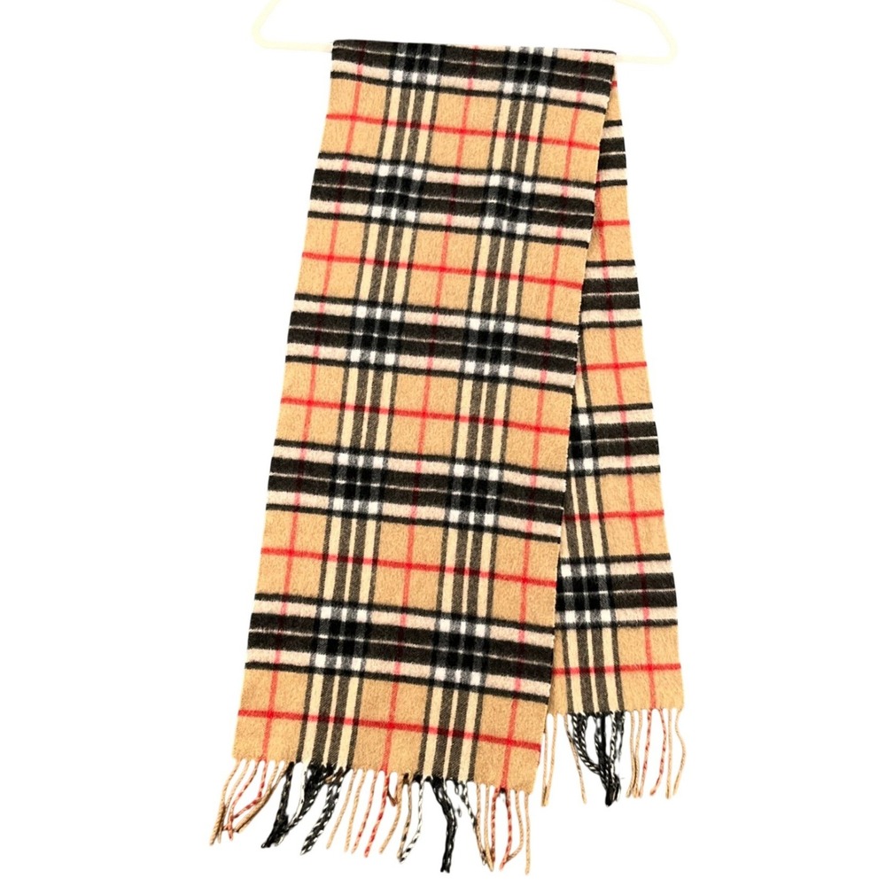 Lochmere Cashmere Scarf Mens Tan Red Plaid Fringed Winter 64" 11.5" wide